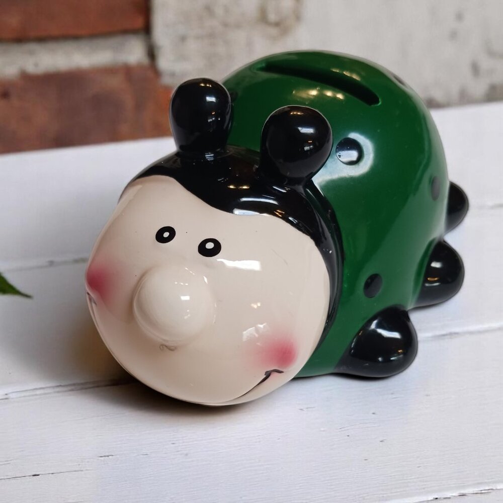 Vintage Small 1970s Green Ladybug Ceramic Bank Funny Face Bug Coin Bank Kitschy